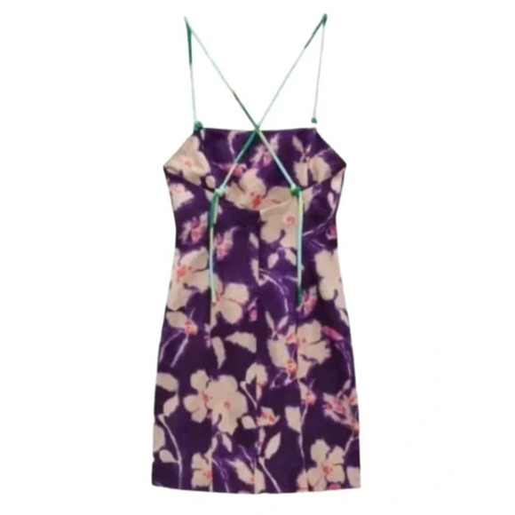 Zara Purple Floral Print Linen Spaghetti Strap Mini Dress Size Large - Picture 3 of 10